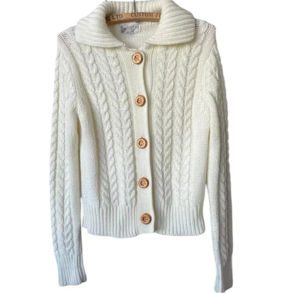 vintage  ivory cardigan, off white fisherman sweater with Wooden buttons
